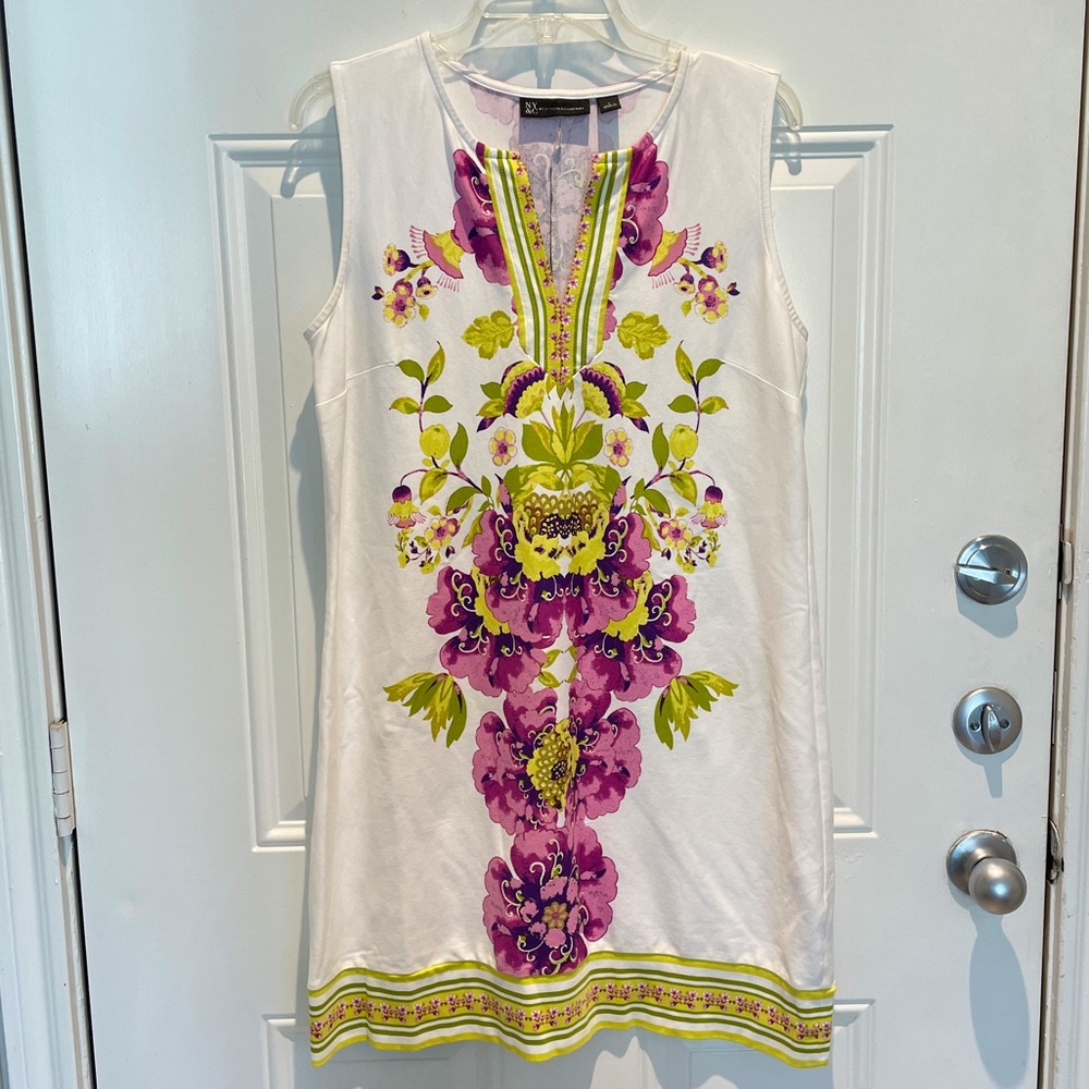 New York & Company Floral Purple Lime White Sleeveless Shift Dress Size Large